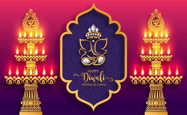 Diwali, Deepavali tai Dipavali festivaali valot Intiassa kultaa diya kuviollinen ja kiteet paperilla väri Tausta
. - Vektori, kuva