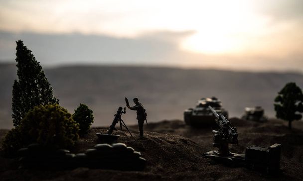War Concept. Military silhouettes fighting scene on war fog sky background, - Foto, Bild