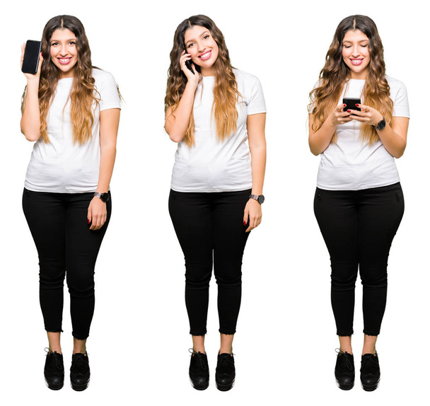 Коллаж красивой молодой женщины с помощью смартфона на белом изолированном фоне с счастливым лицом стоя и улыбаясь с уверенной улыбкой показывая зубы
 - Фото, изображение