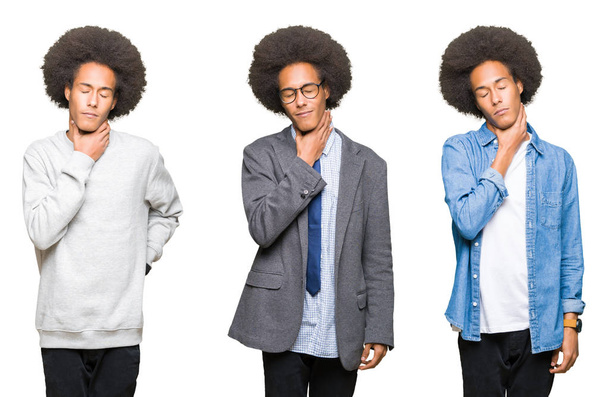 Collage of young man with afro hair over white isolated background Touching painful neck, sore throat for flu, clod and infection - 写真・画像