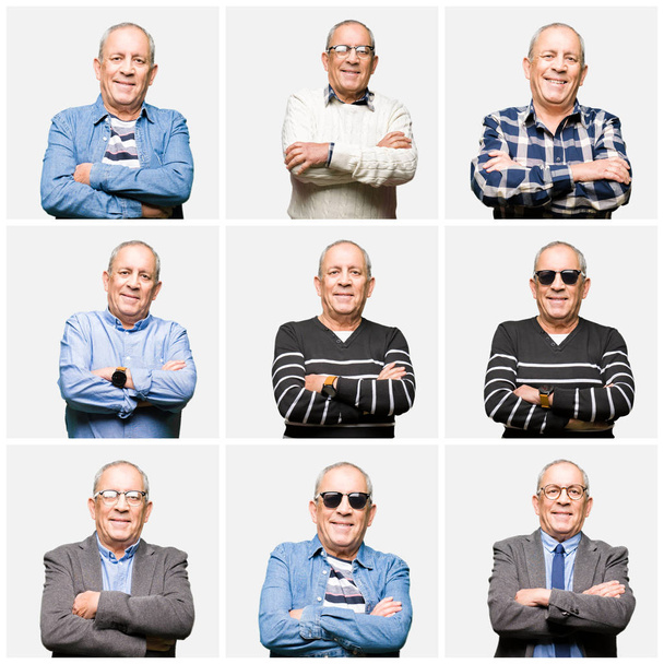 Collage of handsome senior man over white isolated background happy face smiling with crossed arms looking at the camera. Positive person. - Photo, Image