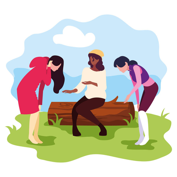 grupo de mujeres sentadas en el tronco al aire libre
 - Vector, Imagen