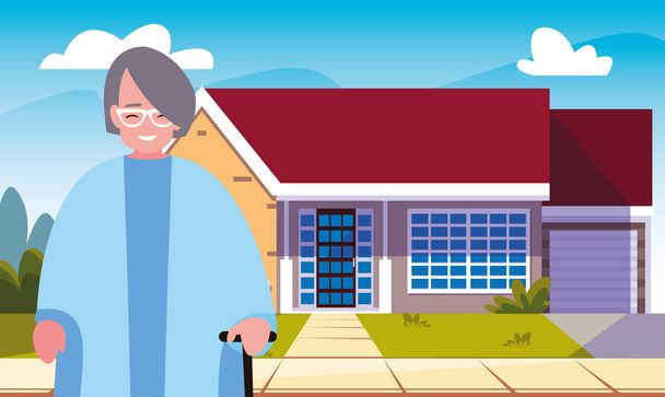 grandmother standing in front of the house - Vector, Image