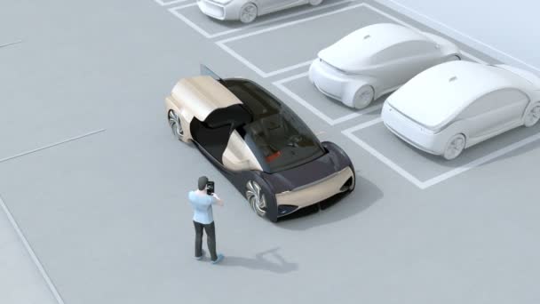Man met behulp van Smartphone naar afstandsbediening parkeerplaats. Zelf parkeren systeemconcept. 3D-rendering animatie. - Video