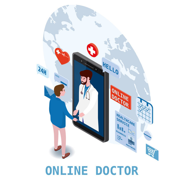 Orvos online izometriás egészségügyi és orvosi konzultáció egy okostelefon technológiát. Beteg férfiak és orvos karakter ikonok orvosi-egészségügyi koncepció. Lapos izometrikus vektor illusztráció baner poszter - Vektor, kép