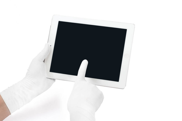 Picture of laboratory man hand holding digital tablet. Isolated on white background. - Photo, Image