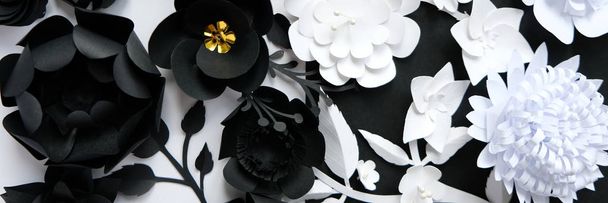 Black paper flowers on white background. Cut from paper. - Фото, изображение