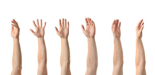Kollázs a férfiak mutató kezét, fehér háttér, Vértes megtekintéséhez  - Fotó, kép