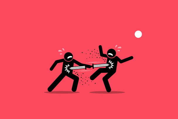 Double edged sword concept. Vector artwork depict a stick figure man stab his enemy with a double ended sword, but also stabbing himself during the attack. A concept of good and bad consequences.  - Vector, Image