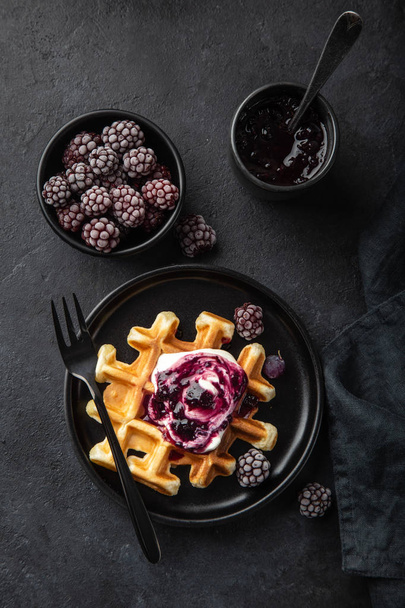 waffles with sour cream and berry sauce - Photo, Image