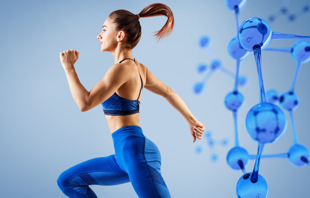 Sporty young woman running and jumping near molecules structure. - Photo, Image