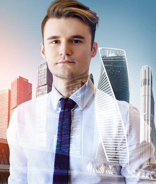 Double exposure portrait of businessman and cityscape background. - Photo, Image