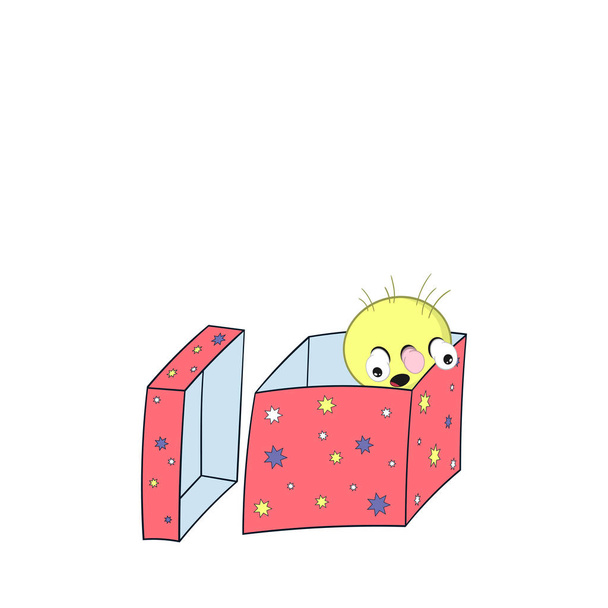 grappige cartoon Spring-met hoofd, ogen en mond, kijkt uit de doos van de gift en is verrast - Vector, afbeelding