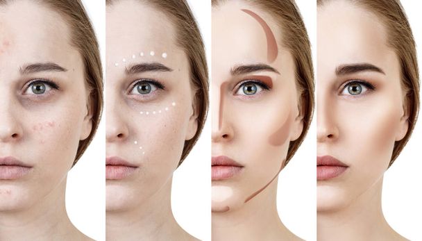 Collage van vrouw toepassing van make-up stap voor stap. - Foto, afbeelding