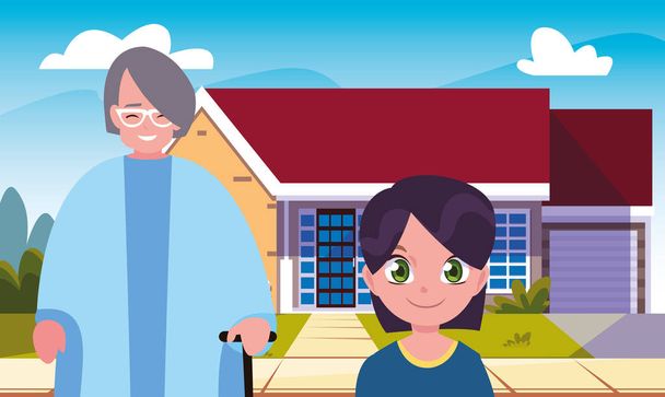 grandma with grandson front home - Vector, Image