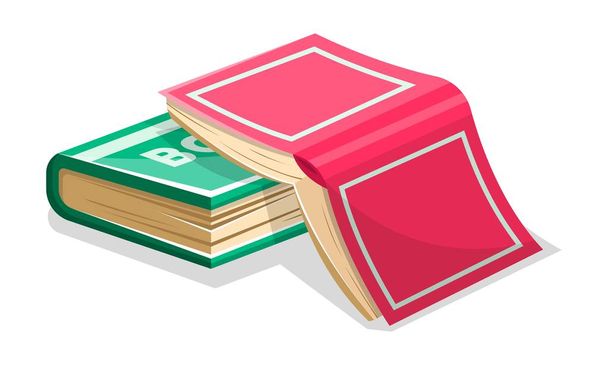 開いたピンクの本は、別のクローズドグリーンにあります。最後の小説の概念に読み取られていない. - ベクター画像