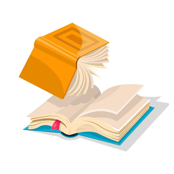 Opened inverted yellow book falling down to blue another. Vector cartoon illustration. - Vector, Image