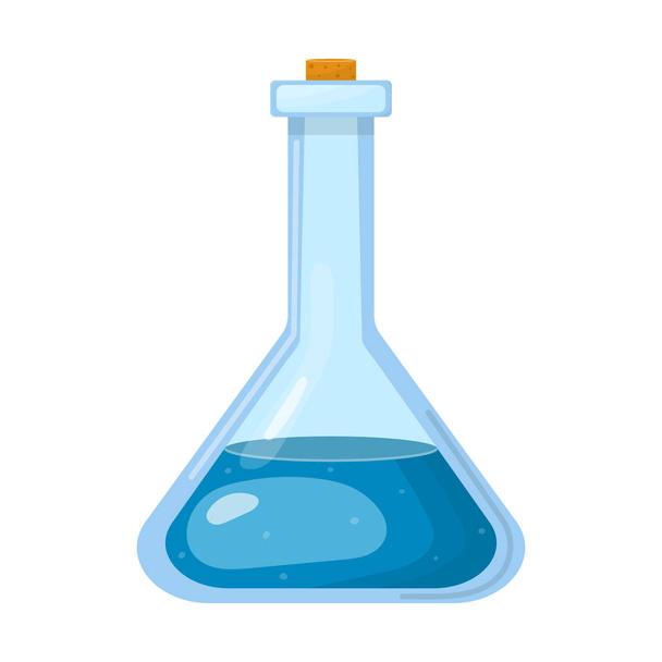 Zaubertrank in der Flasche mit blauer Flüssigkeit isoliert auf weißem Hintergrund. Chemisches oder Alchemie-Elixier. Vektorillustration für jedes Design. - Vektor, Bild