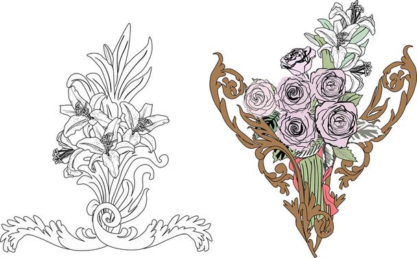 Rosen und Lilienornamente auf weißem Grund - Vektor, Bild