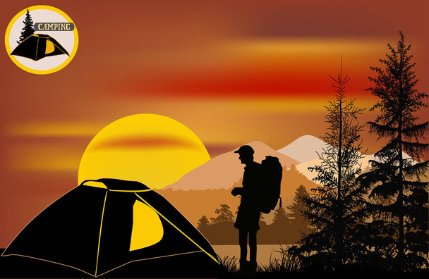 caminhante perto da tenda na floresta ao pôr do sol
 - Vetor, Imagem