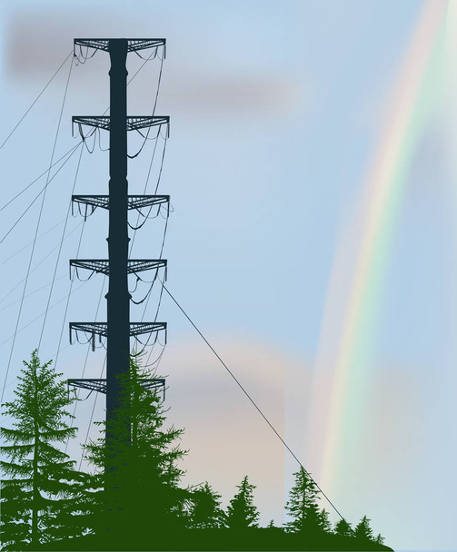 elektromos erőtér és szivárvány a zöld erdőben - Vektor, kép