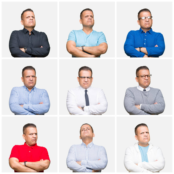 Composition of middle age arab man over isolated background skeptic and nervous, disapproving expression on face with crossed arms. Negative person. - Фото, изображение