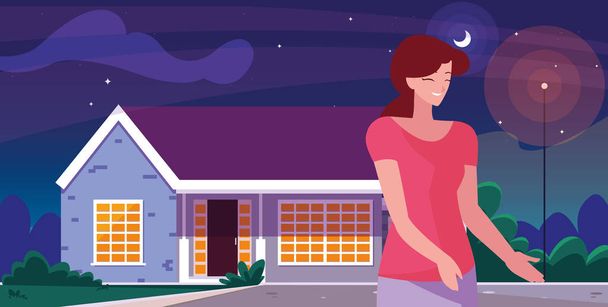 woman character standing front house - Vector, Image