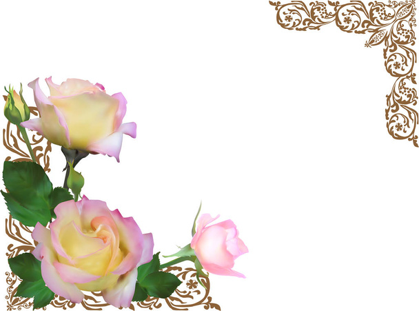 decorated corner with three cream roses - Vector, Image