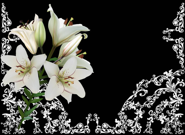 lily flowers on black and white decorated background - Vector, Image