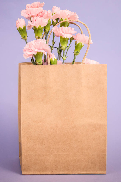 Όμορφο ροζ γαρίφαλο λουλούδια σε χάρτινη σακούλα. Αδειάστε την χάρτινη σακούλα για το σχέδιό σας. Η ιδέα της άνοιξης. - Φωτογραφία, εικόνα