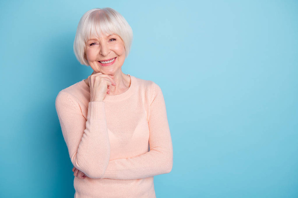 Portrait of her she nice-looking attractive lovely kind well-groomed cheerful cheery glad content gray-haired lady enjoying healthy life isolated on bright vivid shine blue green turquoise background - Фото, зображення