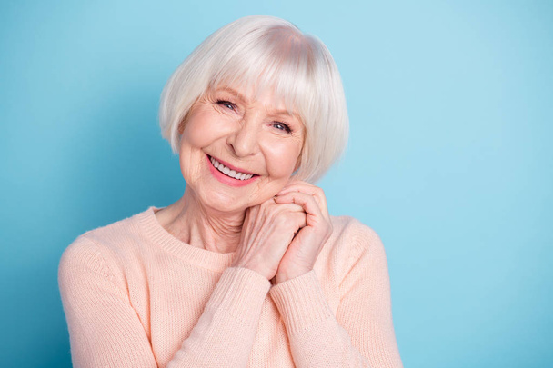 Close-up portrait of her she nice-looking attractive lovely sweet healthy groomed cheerful cheery glad gray-haired lady enjoying good life isolated over bright vivid shine blue green teal background - Photo, Image