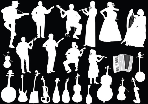 белые музыканты и музыкальные инструменты, изолированные на черном
 - Вектор,изображение