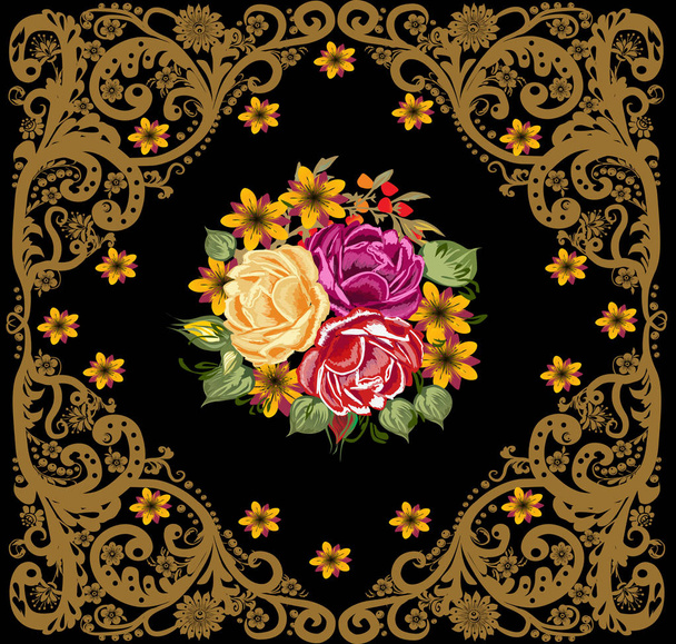 dark yellow ornament with flowers in center on black - Vector, afbeelding