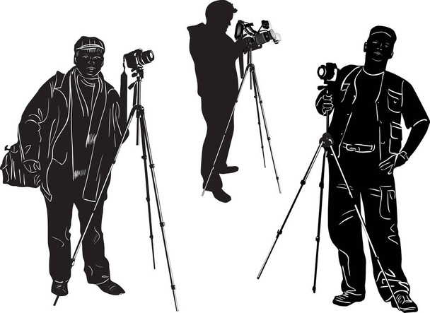 three photographers with tripods on white - Vector, Image