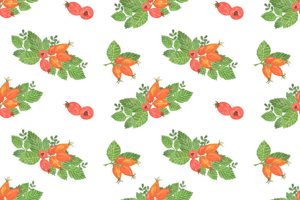 Watercolor flower composition of red rosehip berries with green leaves repeat pattern, hand drawn illustration on the white background - Fotó, kép