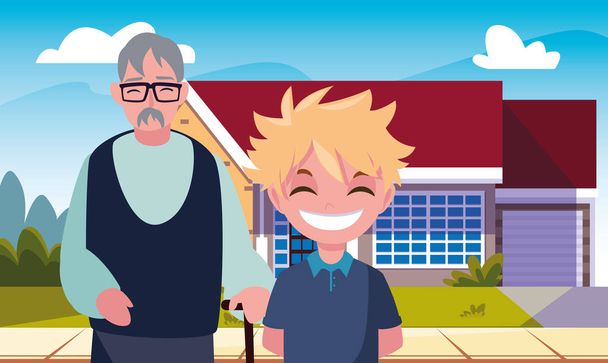 grandpa with grandson front home - Vector, Image