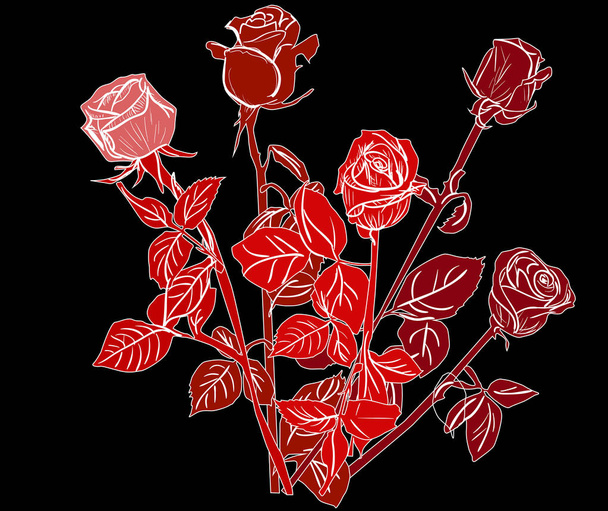 bos van vijf rode rozen op zwart - Vector, afbeelding
