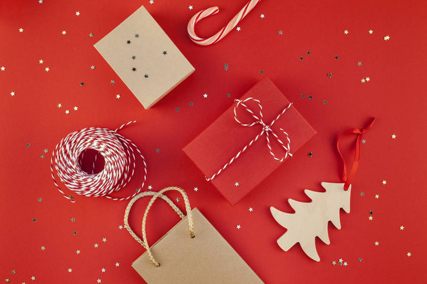 New Year or Christmas presents red background - Photo, Image