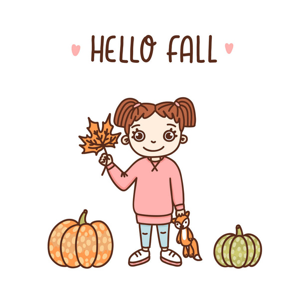Menina com uma folha de bordo, abóboras coloridas e inscrição: Hello Fall. Ele pode ser usado para um cartão de convite, brochuras, cartaz e outros materiais promocionais
. - Vetor, Imagem