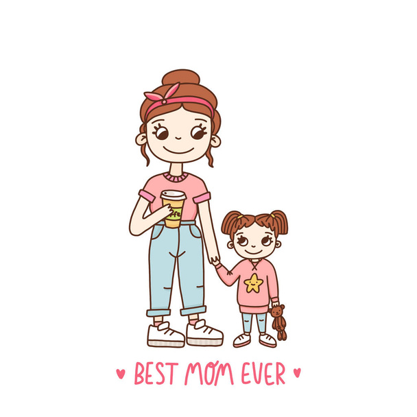 Stylish mother and daughter. Text: Best Mom Ever. It can be used for a invitation card, brochures, poster and other promo materials. - Vector, Image