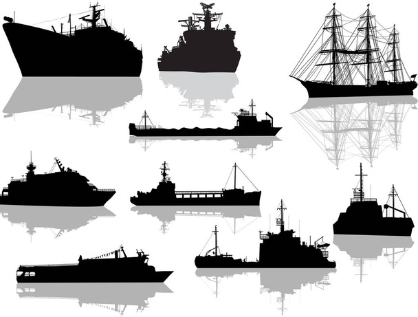 nine different ship silhouettes with reflections - Vector, Image