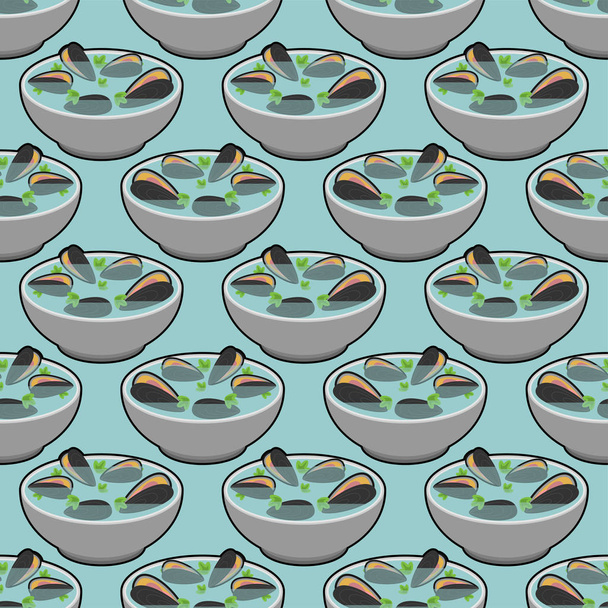 Clam soep patroon naadloos. Zeevruchten Japanse achtergrond. Shell b - Vector, afbeelding