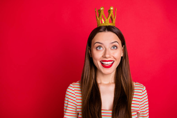 Close-up photo portrait of luxurious chic classy lovely girlfriend getting small shiny crown from her boyfriend isolated bright background - Photo, Image