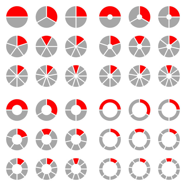 quadratische Reihe verschiedener runder grafischer Tortendiagramme rot und grau - Vektor, Bild