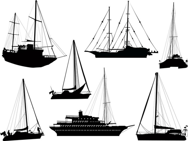 sete navios negros isolados em branco - Vetor, Imagem