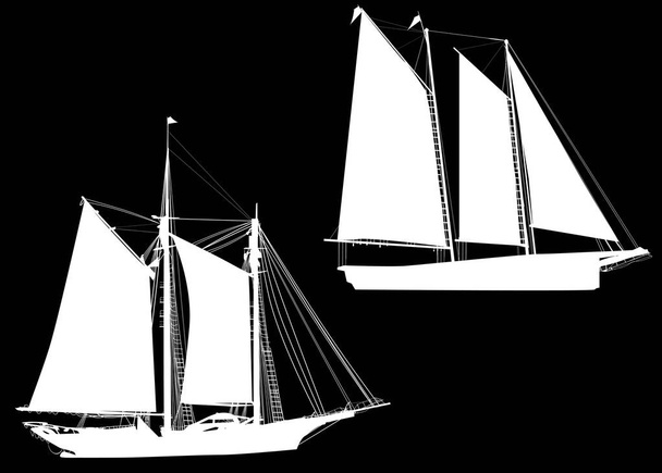 zwei weiße Boote mit Segeln auf schwarzen - Vektor, Bild