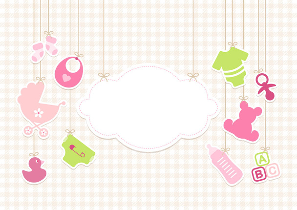 Kártya Baby Icons Girl és Cloud háttér ellenőrizze bézs - Vektor, kép