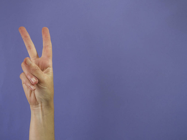 Hand with two fingers raised on purple background and copy space - Fotoğraf, Görsel