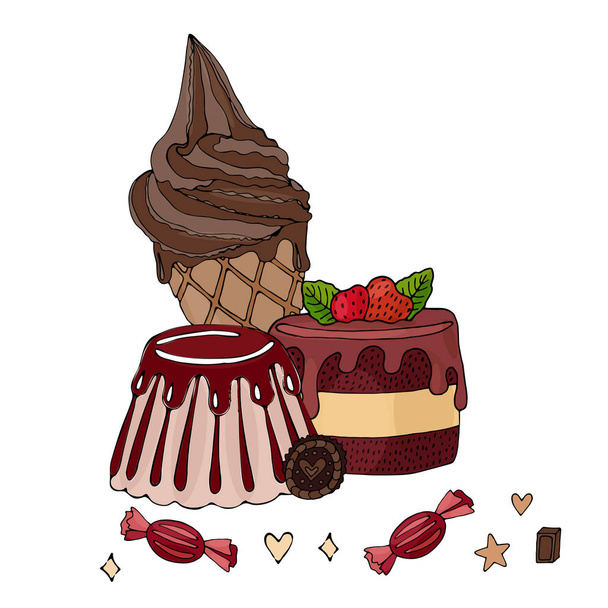 Bolo colorido vetorial, cupcake, doces e sorvete isolado em t
 - Vetor, Imagem